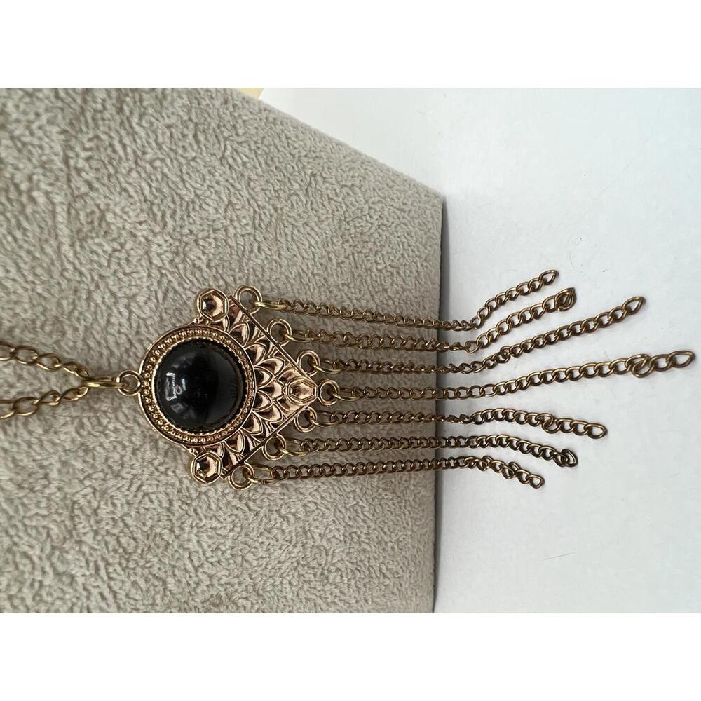 Vintage Style Gold Tone Necklace with Black Pendant and Chain Fringe - Picture 2 of 8